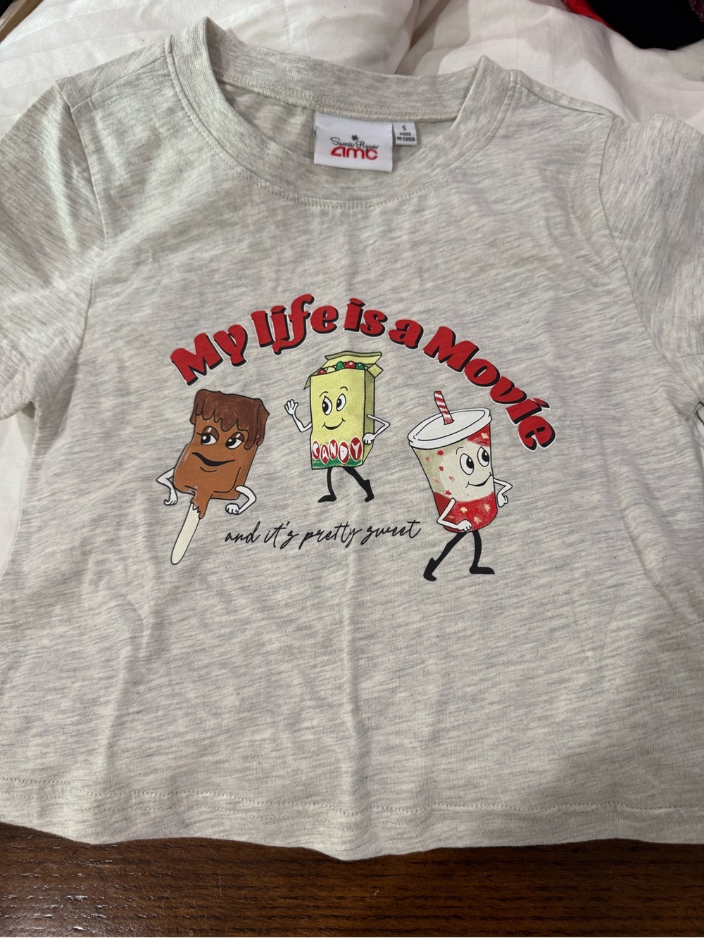 Zara Heather Gray Graphic Tee with Red and Yellow Movie Snack Print